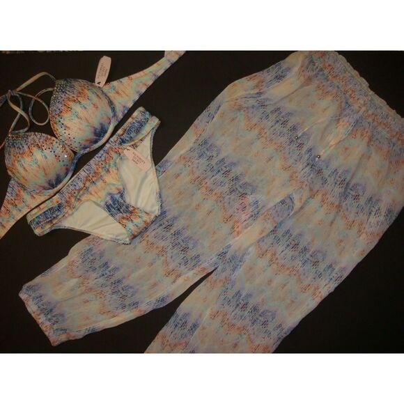 Victoria's Secret 34B34C BIKINI XS+S cover up pants Blue Orange tie dye BEADED